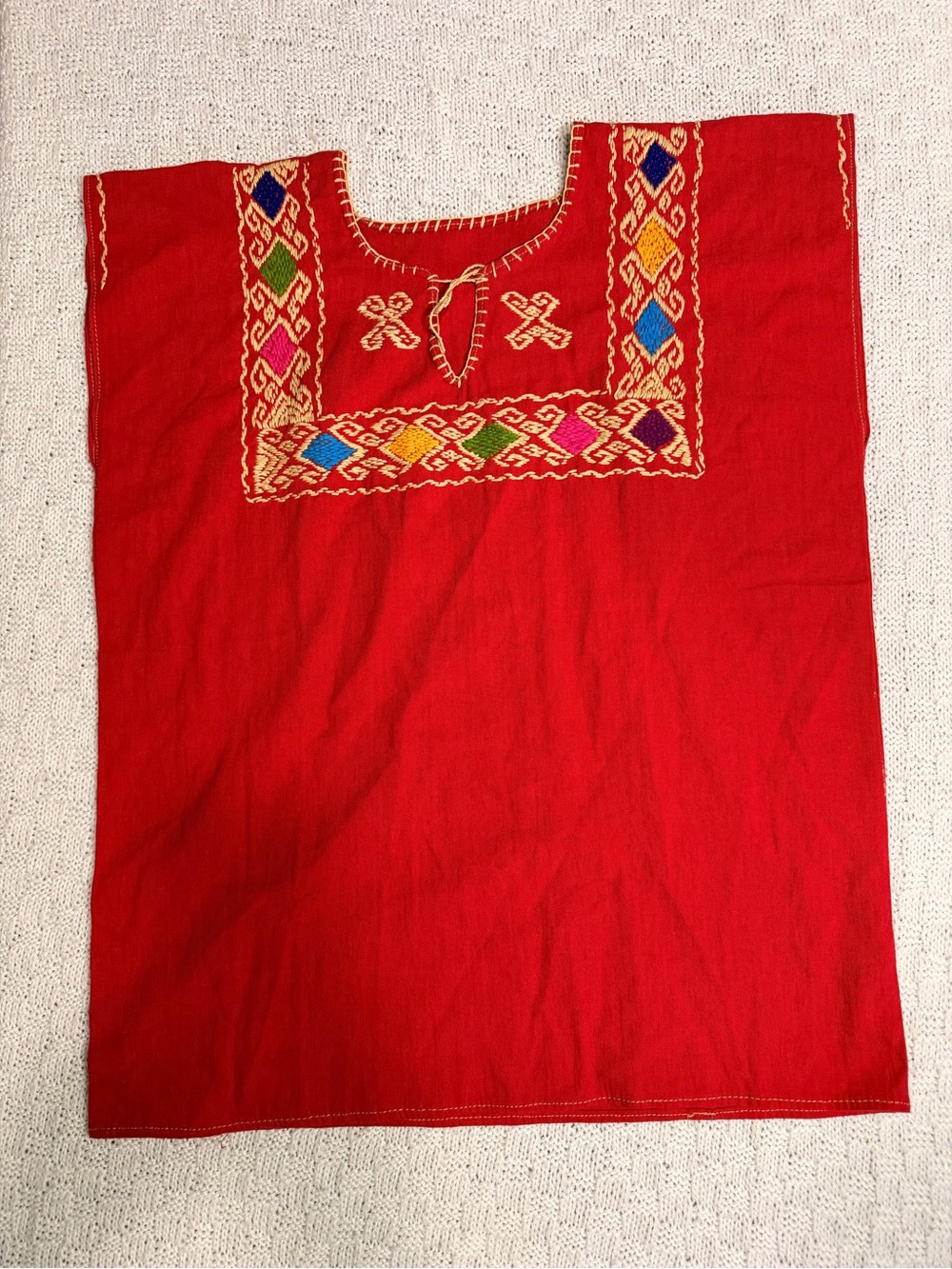 Hand-Embroidered Red Peasant Blouse with Colorful Yoke